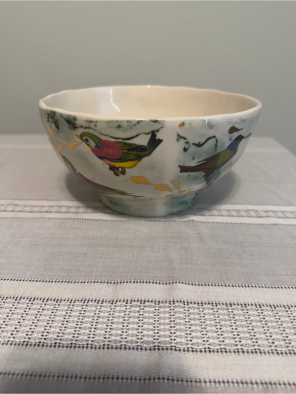 Anthropologie Ryan Hoffmann Bird Motif Footed Porcelain Bowl Gold Accents